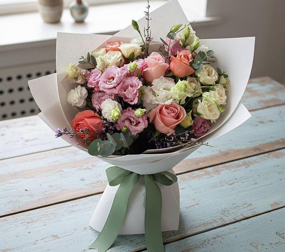 Букет цветов из: Розы, Лизиантусы и Гвоздики в Душоново