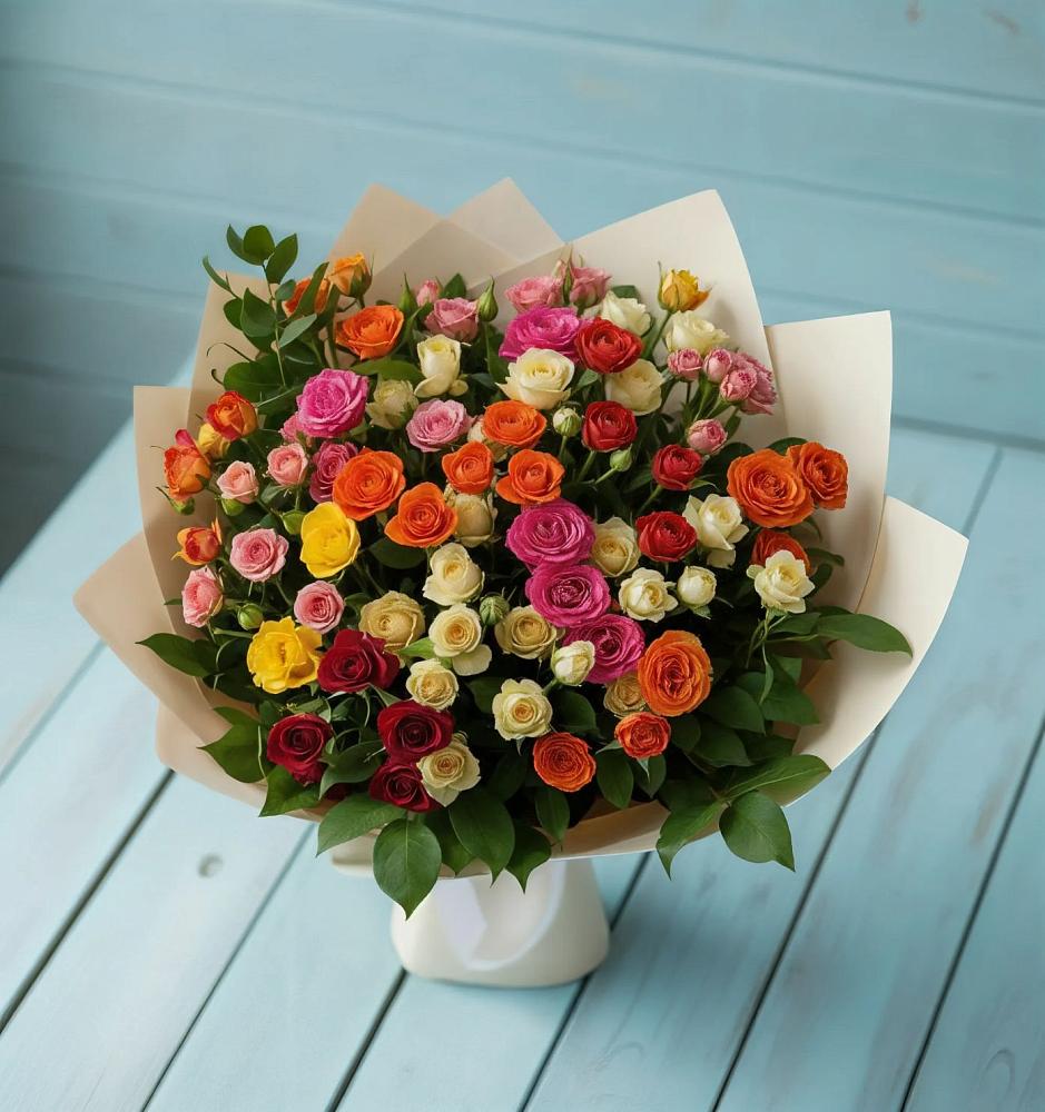 Букет Микс из разноцветных кустовых роз в Душоново