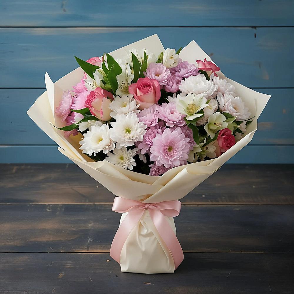 Букет цветов из: Хризантемы, Альстромерии и Розы в Душоново